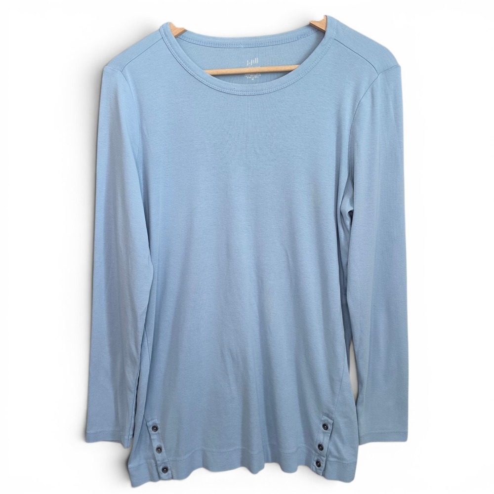 J Jill Top Womens Medium Blue Perfect Pima Crew Neck Tunic Long Sleeve Button